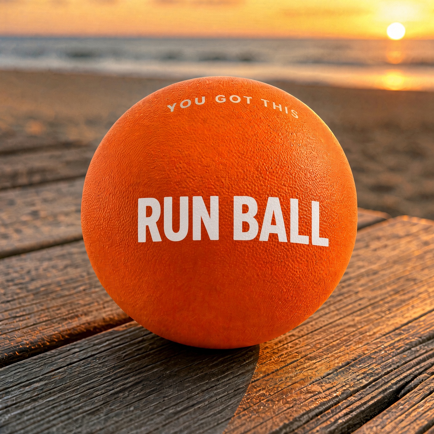 An orange Run Ball printed with RUN BALL and YOU GOT THIS, sitting on weathered boardwalk planks at sunset with the ocean behind it
